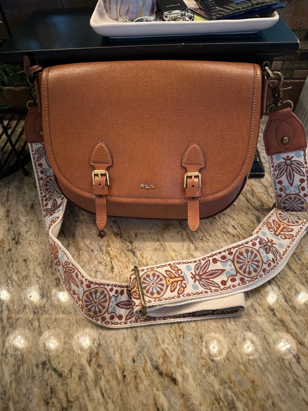 Ralph Lauren Tan Leather Crossbody with Embroidered Strap